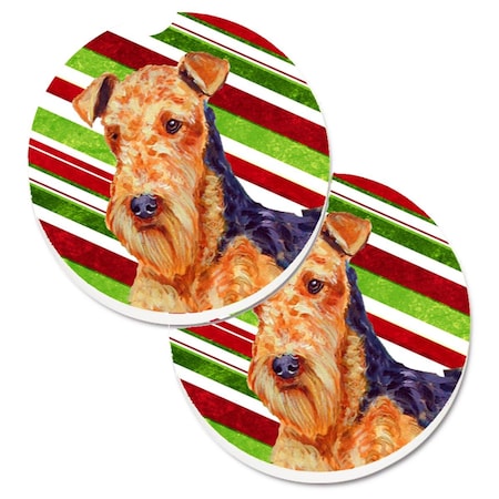 Carolines Treasures Airedale Candy Cane Holiday Christmas Set of 2 Cup Holder Car Coaster LH9246CARC